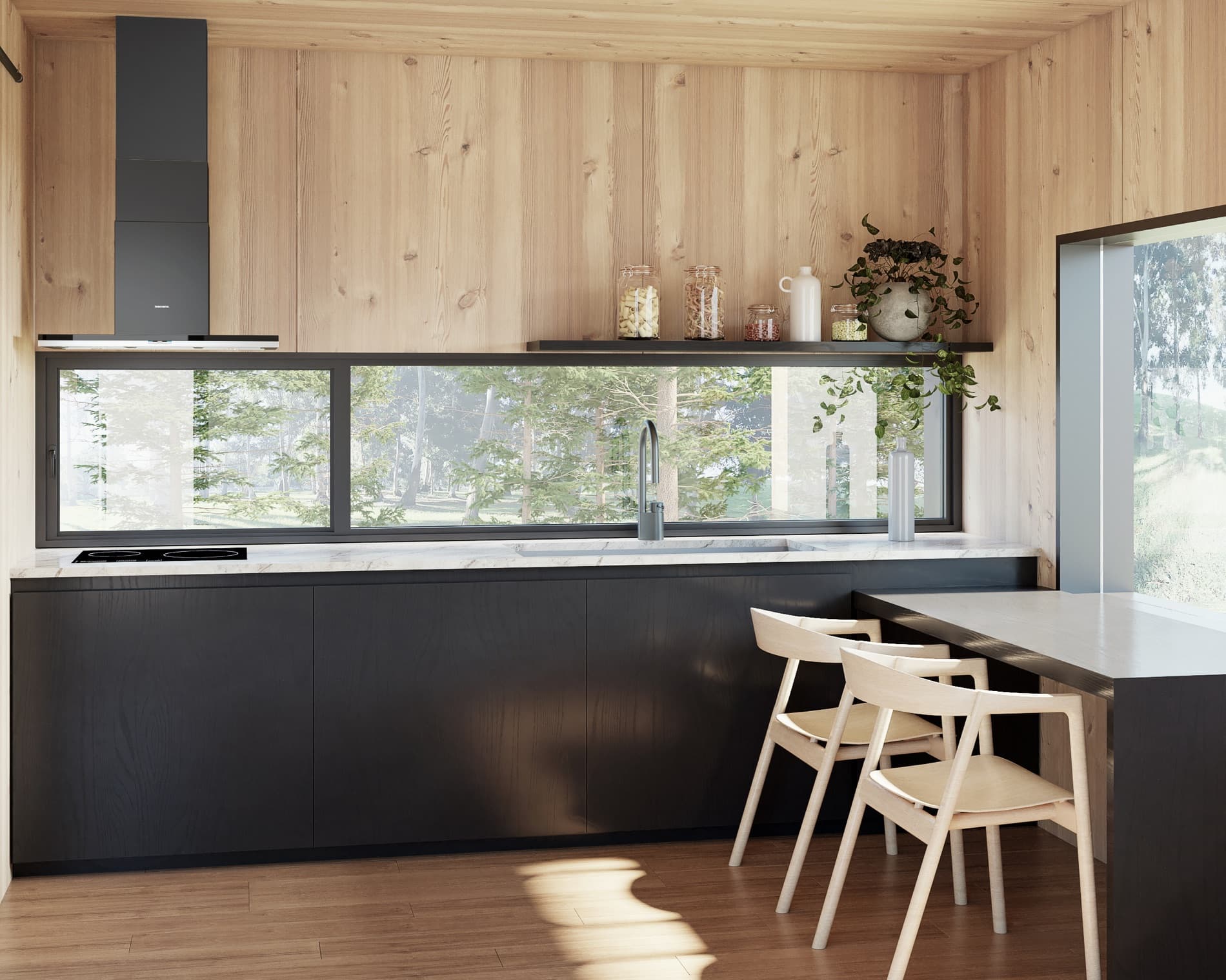 Intérieur Arko — la lumière traverse le séjour-cuisine, volumes épurés