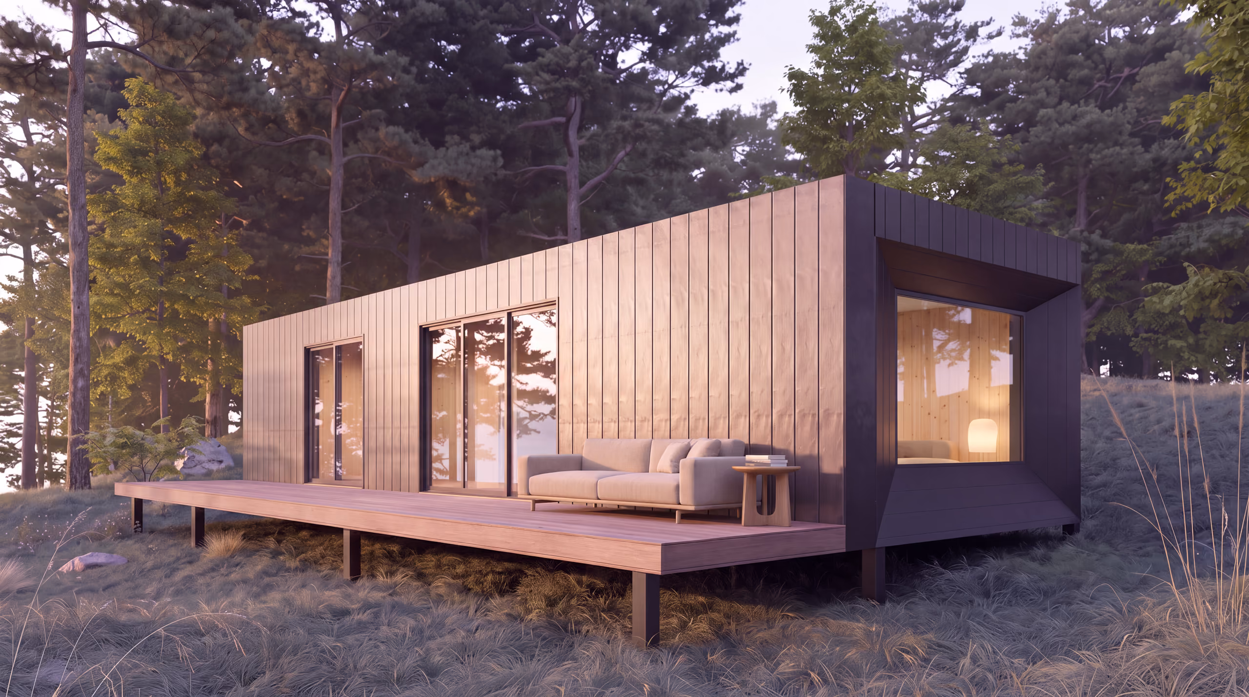 Studio de jardin Arko installé au fond d'un jardin, utilisé comme bureau indépendant